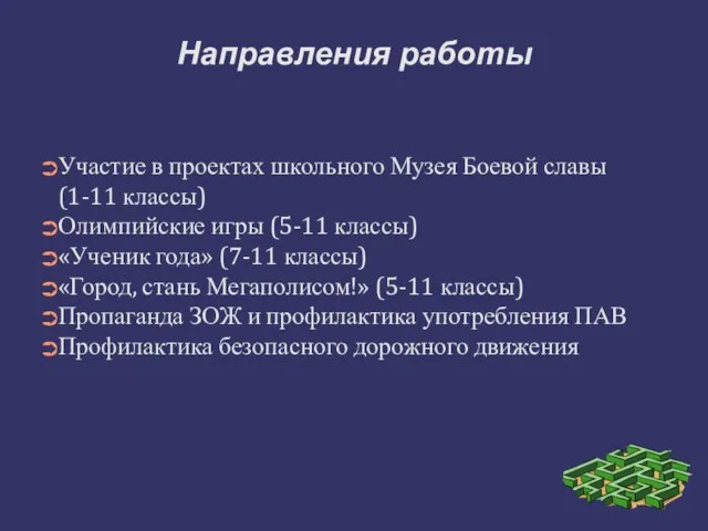 Направления работы Участие в проектах школьного Музея Боевой славы (1-11 классы) Олимпийские