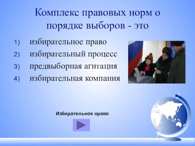 Комплекс правовых норм о порядке выборов - это избирательное право избирательный процесс