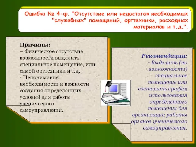 Ошибка № 4-ф. "Отсутствие или недостаток необходимых "служебных" помещений, оргтехники, расходных материалов и т.д.".