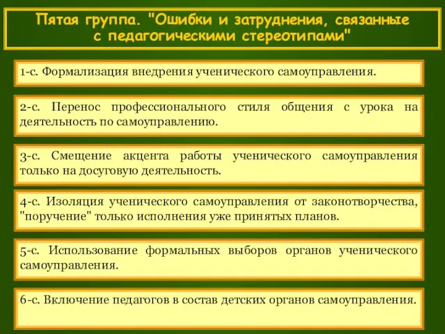 1-с. Формализация внедрения ученического самоуправления. 2-с. Перенос профессионального стиля общения с урока