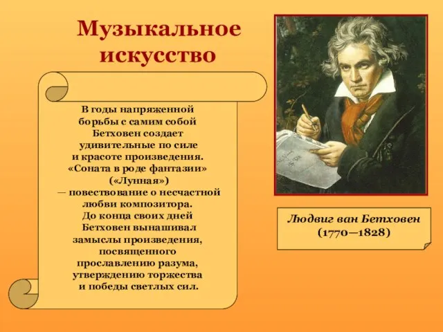 Музыкальное искусство Людвиг ван Бетховен (1770—1828) В годы напряженной борьбы с самим