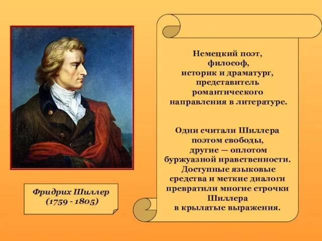 Фридрих Шиллер (1759 - 1805) Немецкий поэт, философ, историк и драматург, представитель