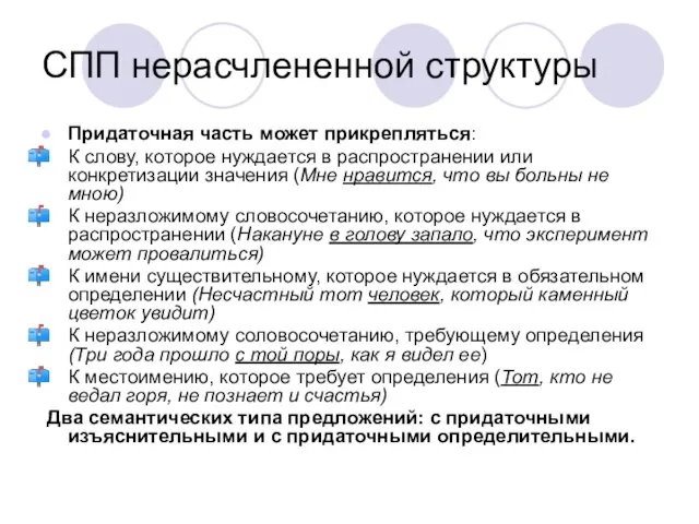 СПП нерасчлененной структуры Придаточная часть может прикрепляться: К слову, которое нуждается в