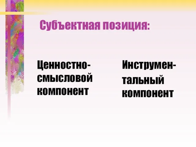 Субъектная позиция: Ценностно-смысловой компонент Инструмен- тальный компонент