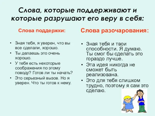 Слова, которые поддерживают и которые разрушают его веру в себя: Слова поддержки: