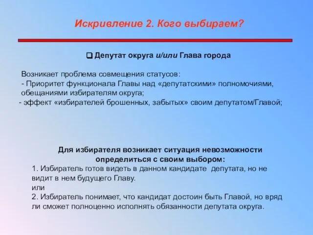 Депутат округа и/или Глава города Возникает проблема совмещения статусов: - Приоритет функционала