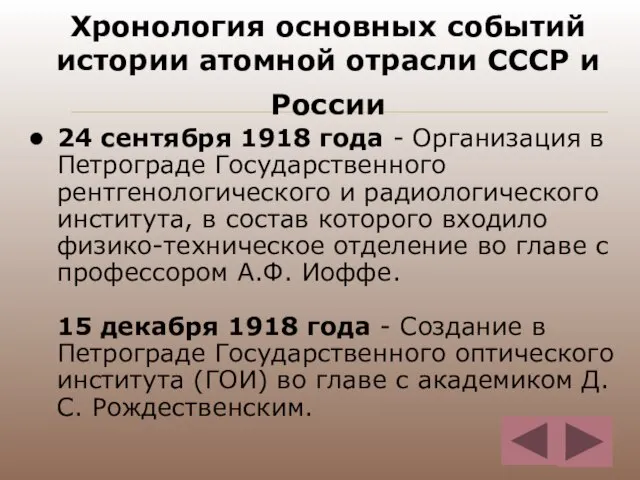 Хронология основных событий истории атомной отрасли СССР и России 24 сентября 1918