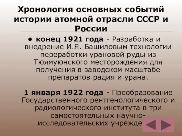 Хронология основных событий истории атомной отрасли СССР и России конец 1921 года