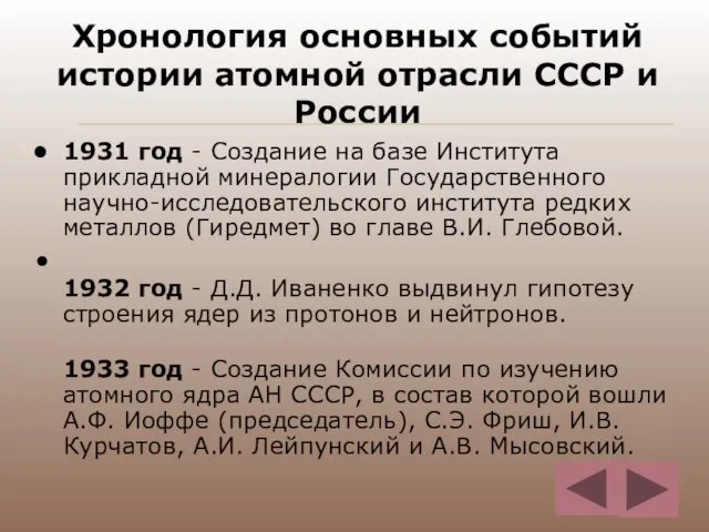 Хронология основных событий истории атомной отрасли СССР и России 1931 год -