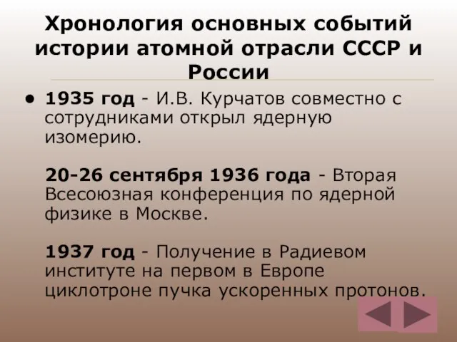 Хронология основных событий истории атомной отрасли СССР и России 1935 год -