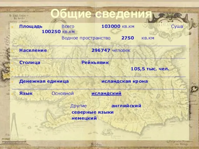 Общие сведения Площадь Всего 103000 кв.км Суша 100250 кв.км Водное пространство 2750