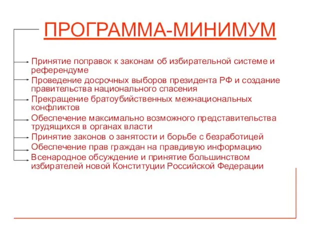 ПРОГРАММА-МИНИМУМ Принятие поправок к законам об избирательной системе и референдуме Проведение досрочных