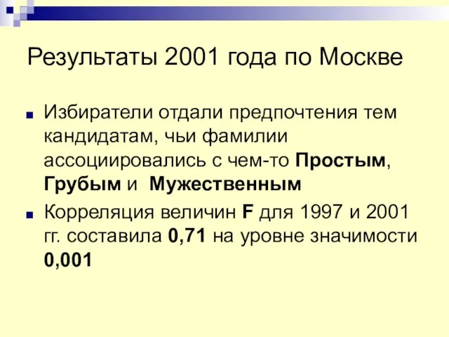 Результаты 2001 года по Москве Избиратели отдали предпочтения тем кандидатам, чьи фамилии
