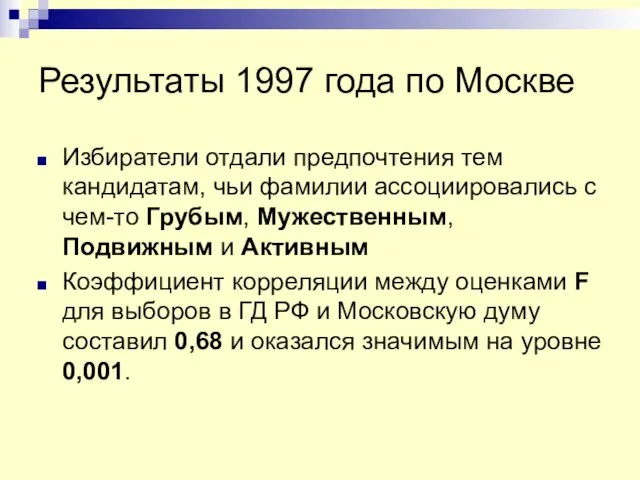 Результаты 1997 года по Москве Избиратели отдали предпочтения тем кандидатам, чьи фамилии