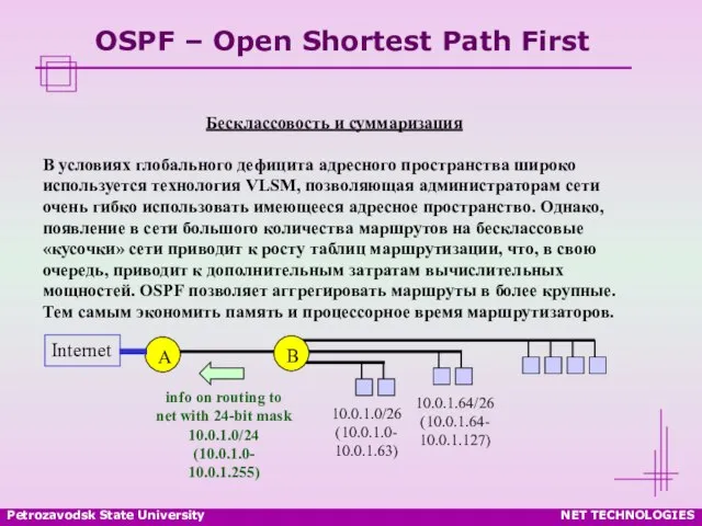 Petrozavodsk State University NET TECHNOLOGIES OSPF – Open Shortest Path First Бесклассовость