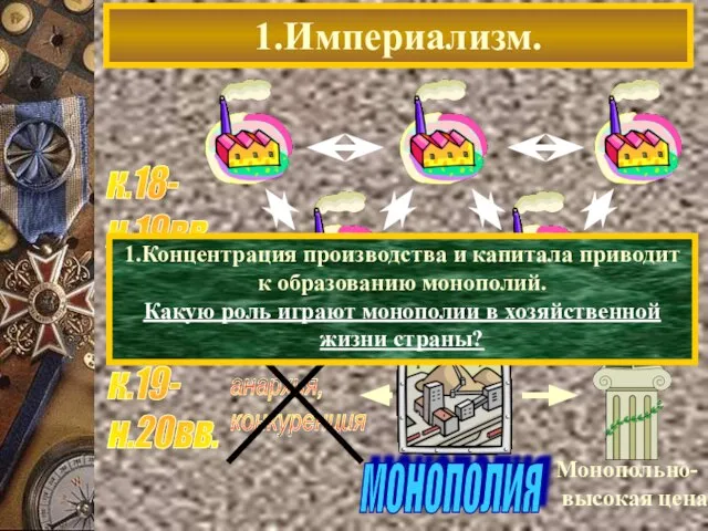 1.Империализм. к.18- н.19вв. 1.Концентрация производства и капитала приводит к образованию монополий. Какую