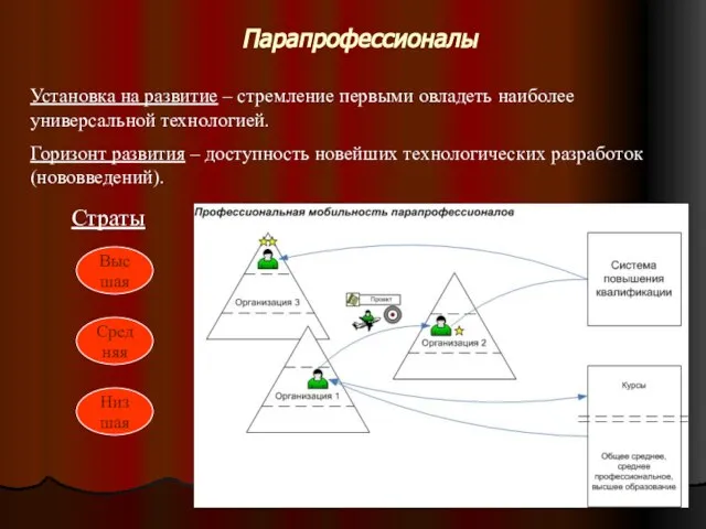 Парапрофессионалы Высшая Средняя Низшая Страты Установка на развитие – стремление первыми овладеть