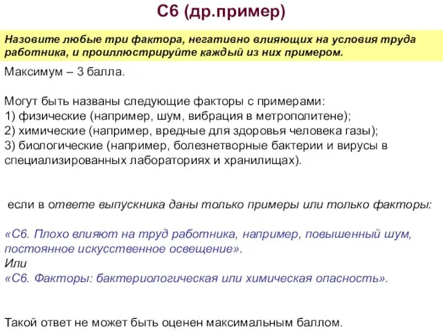 С6 (др.пример) Назовите любые три фактора, негативно влияющих на условия труда работника,