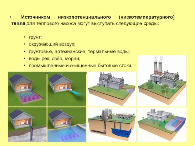 Источником низкопотенциального (низкотемпературного) тепла для теплового насоса могут выступать следующие среды: грунт;