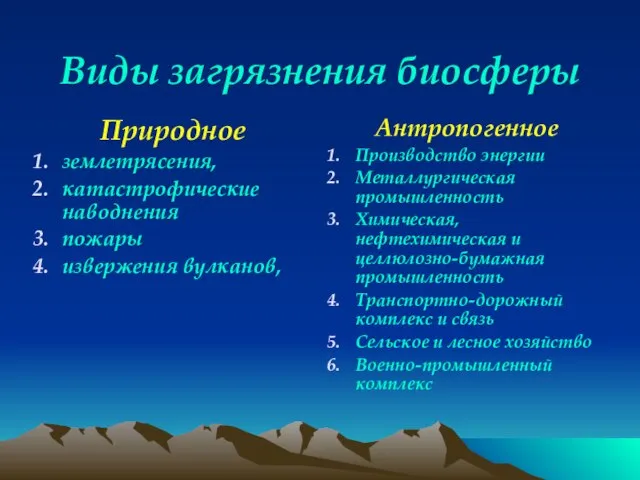 Виды загрязнения биосферы Природное землетрясения, катастрофические наводнения пожары извержения вулканов, Антропогенное Производство