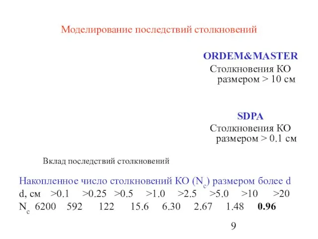 Моделирование последствий столкновений ORDEM&MASTER Столкновения КО размером > 10 см SDPA Столкновения