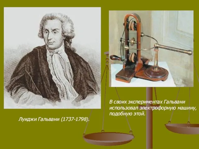 Луиджи Гальвани (1737-1798). В своих экспериментах Гальвани использовал электрофорную машину, подобную этой.