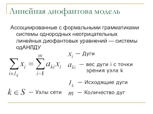 Линейная диофантова модель Ассоциированные с формальными грамматиками системы однородных неотрицательных линейных диофантовых уравнений — системы одАНЛДУ