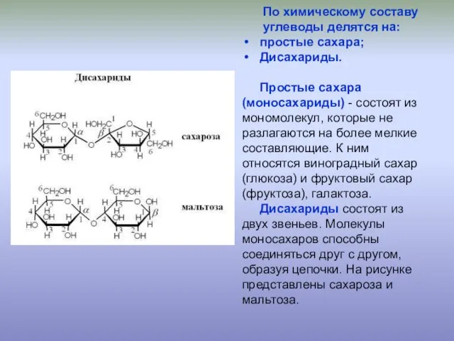 По химическому составу углеводы делятся на: простые сахара; Дисахариды. Простые сахара (моносахариды)