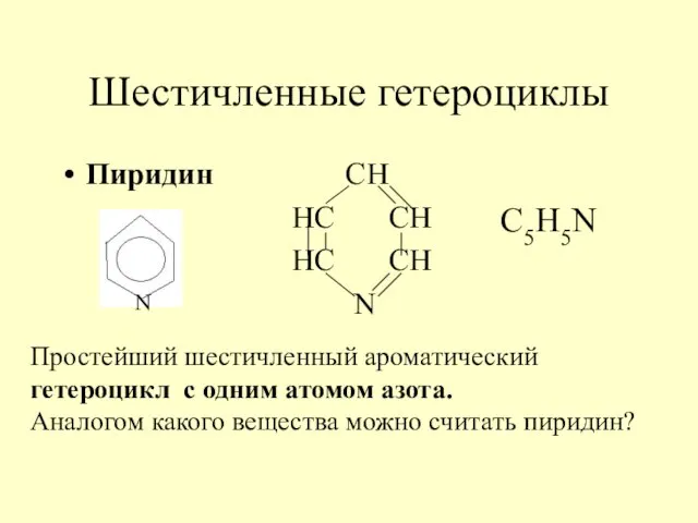 Шестичленные гетероциклы Пиридин CH HC CH HC CH N N Простейший шестичленный