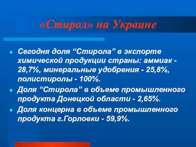 «Стирол» на Украине Сегодня доля “Стирола” в экспорте химической продукции страны: аммиак