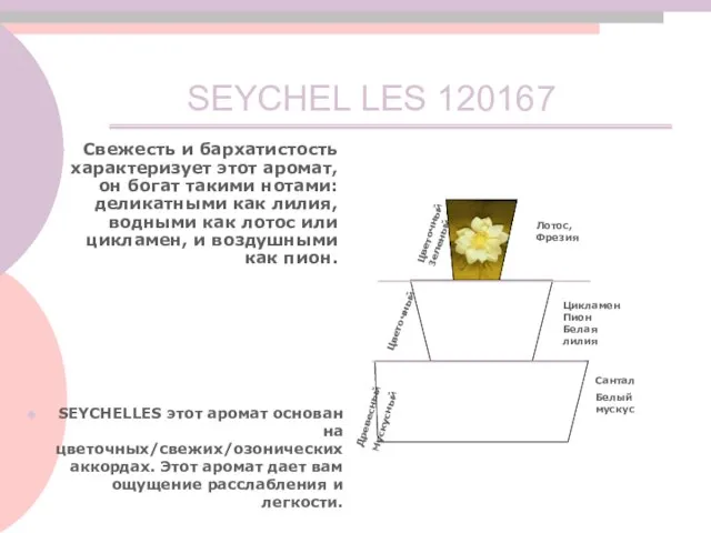 SEYCHEL SEYCHELLES этот аромат основан на цветочных/свежих/озонических аккордах. Этот аромат дает вам