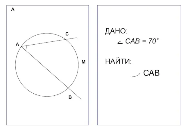 А ДАНО: ے САВ = 70˚ НАЙТИ: А С В М САВ