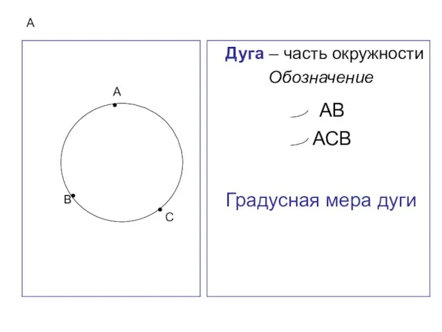 А Дуга – часть окружности Обозначение Градусная мера дуги А В АВ С АСВ