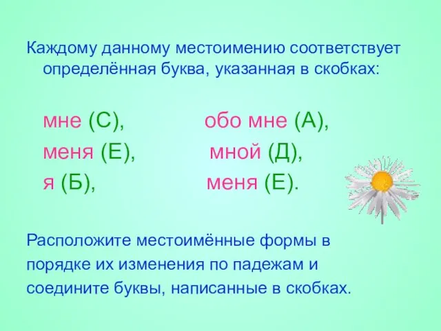 Каждому данному местоимению соответствует определённая буква, указанная в скобках: мне (С), обо