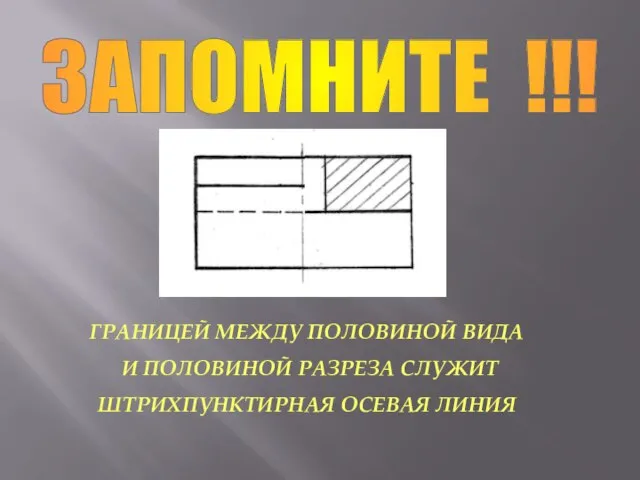 ГРАНИЦЕЙ МЕЖДУ ПОЛОВИНОЙ ВИДА И ПОЛОВИНОЙ РАЗРЕЗА СЛУЖИТ ШТРИХПУНКТИРНАЯ ОСЕВАЯ ЛИНИЯ ЗАПОМНИТЕ !!!