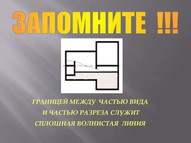 ГРАНИЦЕЙ МЕЖДУ ЧАСТЬЮ ВИДА И ЧАСТЬЮ РАЗРЕЗА СЛУЖИТ СПЛОШНАЯ ВОЛНИСТАЯ ЛИНИЯ ЗАПОМНИТЕ !!!