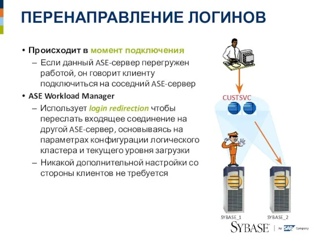 ПЕРЕНАПРАВЛЕНИЕ ЛОГИНОВ Происходит в момент подключения Если данный ASE-сервер перегружен работой, он