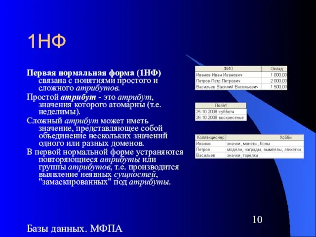 Базы данных. МФПА 1НФ Первая нормальная форма (1НФ) связана с понятиями простого