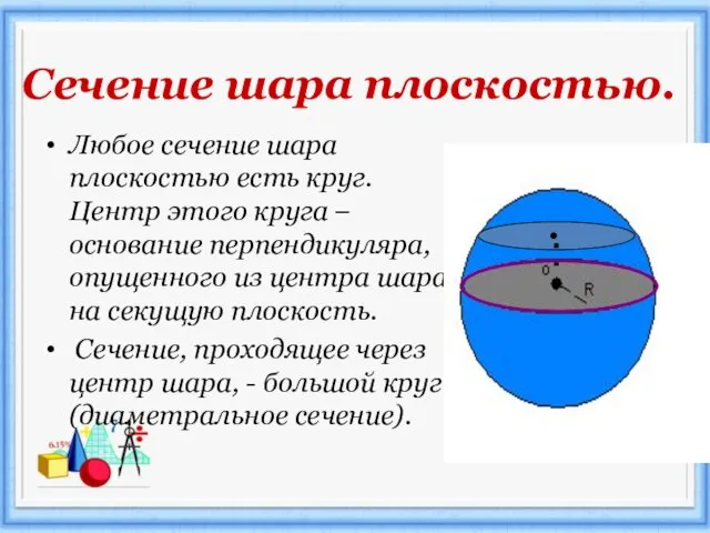 Сечение шара плоскостью. Любое сечение шара плоскостью есть круг. Центр этого круга