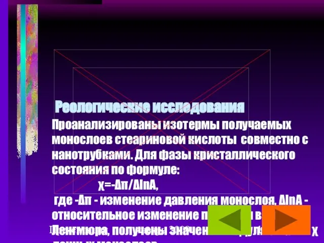 Презентация январь 2009 Реологические исследования Проанализированы изотермы получаемых монослоев стеариновой кислоты совместно