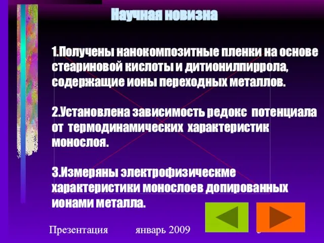 Презентация январь 2009 Научная новизна 1.Получены нанокомпозитные пленки на основе стеариновой кислоты