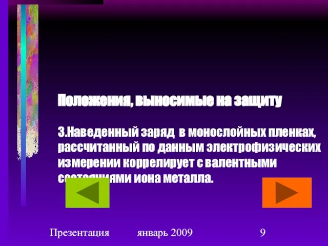 Презентация январь 2009 Положения, выносимые на защиту 3.Наведенный заряд в монослойных пленках,