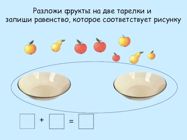Разложи фрукты на две тарелки и запиши равенство, которое соответствует рисунку