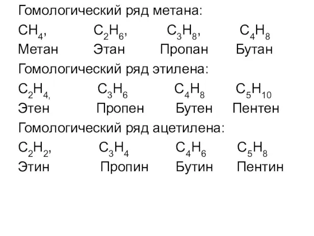Гомологический ряд метана: СН4, С2Н6, С3Н8, С4Н8 Метан Этан Пропан Бутан Гомологический