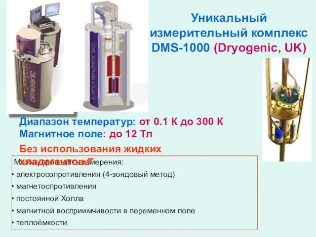 Уникальный измерительный комплекс DMS-1000 (Dryogenic, UK) Диапазон температур: от 0.1 К до