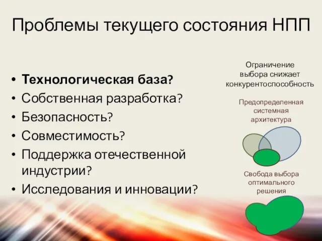 Проблемы текущего состояния НПП Технологическая база? Собственная разработка? Безопасность? Совместимость? Поддержка отечественной