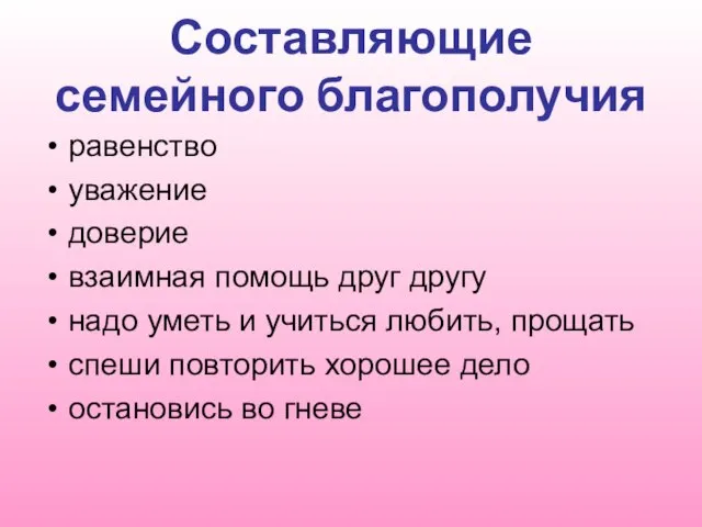 Составляющие семейного благополучия равенство уважение доверие взаимная помощь друг другу надо уметь