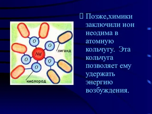 Позже,химики заключили ион неодима в атомную кольчугу. Эта кольчуга позволяет ему удержать энергию возбуждения.