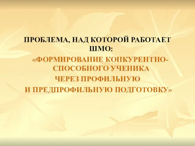 ПРОБЛЕМА, НАД КОТОРОЙ РАБОТАЕТ ШМО: «ФОРМИРОВАНИЕ КОНКУРЕНТНО- СПОСОБНОГО УЧЕНИКА ЧЕРЕЗ ПРОФИЛЬНУЮ И ПРЕДПРОФИЛЬНУЮ ПОДГОТОВКУ»