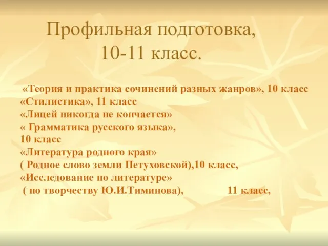 Профильная подготовка, 10-11 класс. «Теория и практика сочинений разных жанров», 10 класс